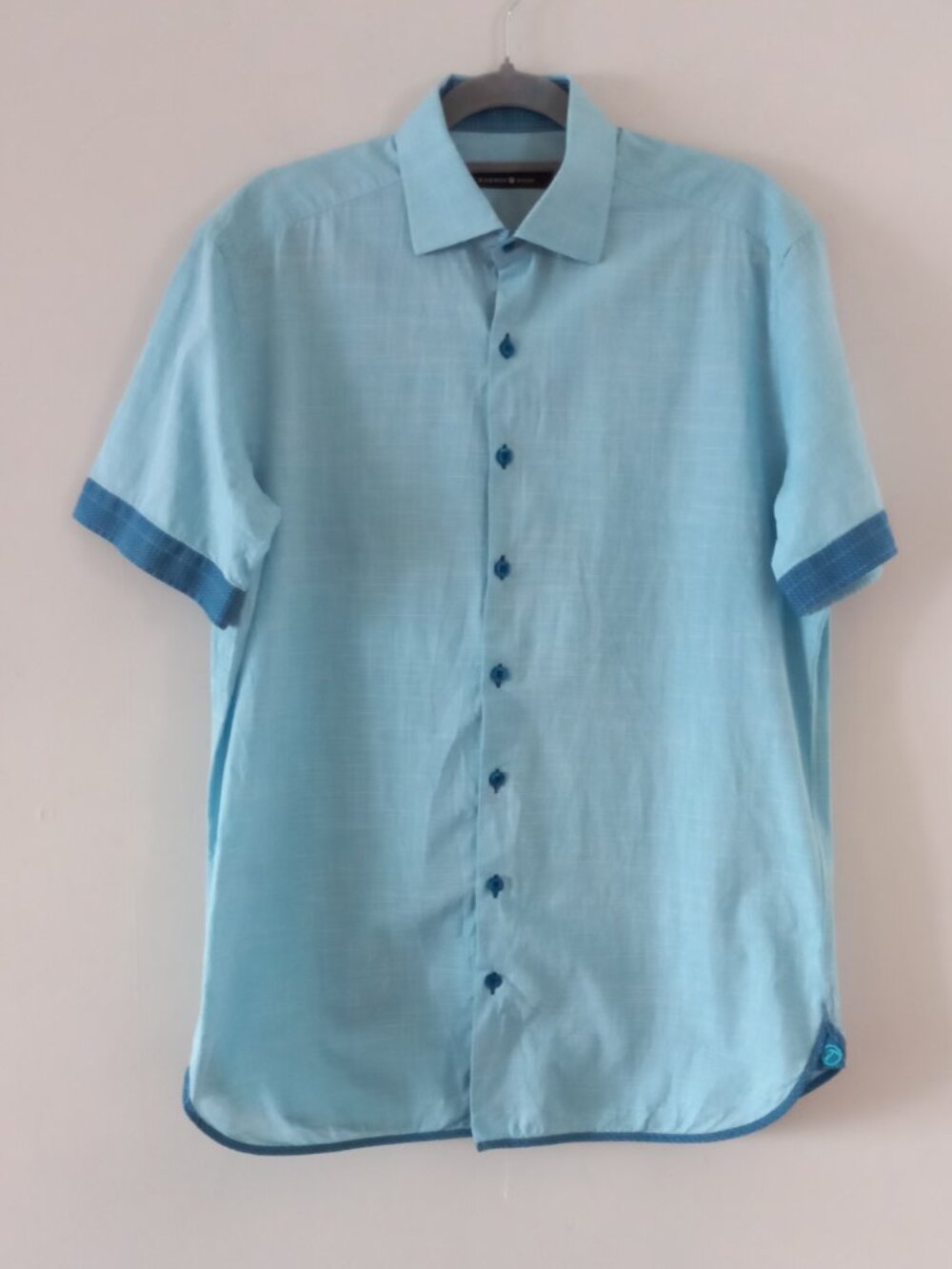 HAMMER MADE  Limited edition 100% cotton turquoise striped short sleeve shirt